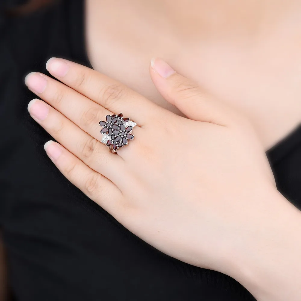 Hutang 5.26ct Cluster Garnet Women\'s Ring Solid 925 Sterling Silver Natural Red Gemstone Rings Fine Elegant Jewelry for Gift