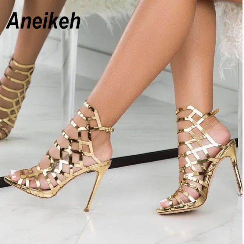 Aneikeh 2024 Fashion Night Club Sexy Hollow Out Super High Heel Womens Sandals Patent Leather Gladiator Golden Party Shoes 35-40