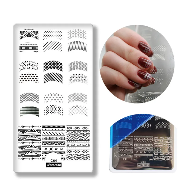 French Styles Tips Nail Art Image Stamp Template Plates Polish Stamping Manicure Lines Fishnet Maya Symbol Template C64