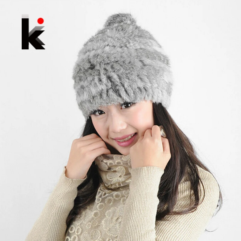 2018 Rabbit Fur Hat Trendy Women Delicate Knitted  Real Fur Beanie Winter Caps Casual Cute Hats For Women Free Shoping