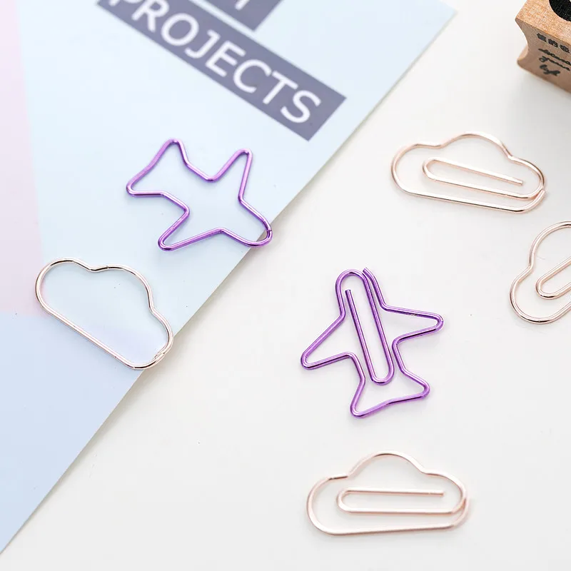 12pcs/box Electroplated Paper Clip Airplane Umbrella Cloud Shape Note Clips Kawaii Bookmark Office Shool Stationery Marking Clip