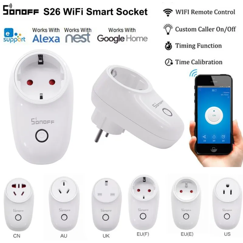 Sonoff S26 WiFi Smart Plug EU/US/UK/CN/AU Wireless Plug Power Sockets Smart Home Switch Work With Alexa Google Assistant IFTTT