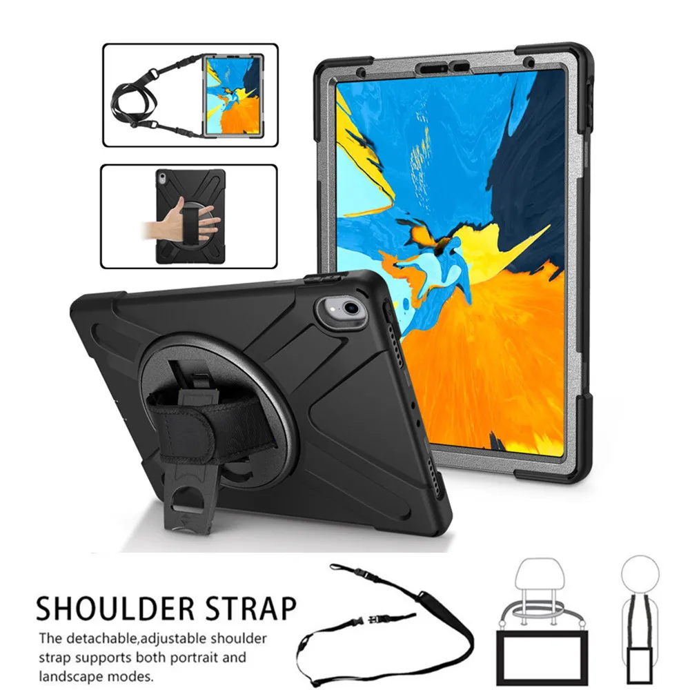 

Для iPad Pro 12,9 2018, безопасный для детей чехол для планшета, тяжелый противоударный силиконовый + ПК защитный чехол с откидной ножкой, чехол/запястье + плечевой ремень