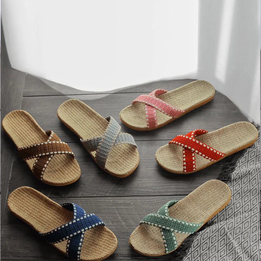 LCIZRONG Summer Linen Home Slippers Women 35-45 Large Size Slapping Beach Flip Flops 5 Colors Unisex Bathroom Family Slippers