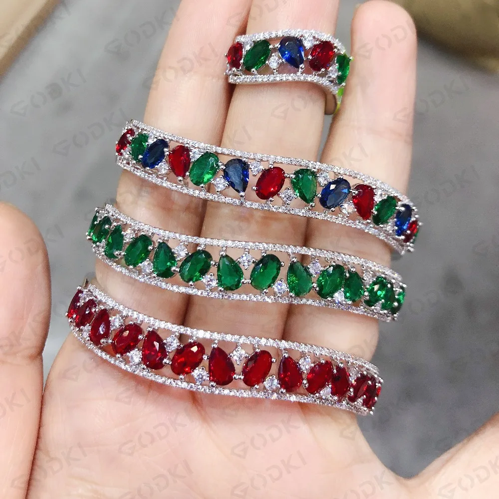 GODKI Luxury Spring Jewelry Sets For Women Wedding Zircon Crystal CZ Qatar Bridal Bangle Ring Sets aretes de mujer modernos 2019