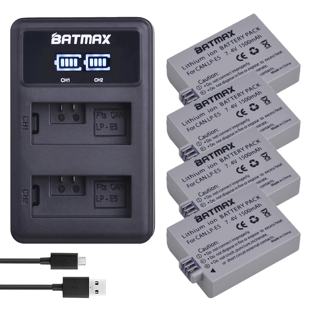 

Batmax 4Pcs LP-E5 Bateria LPE5 LP E5 Battery+LED Dual USB Charger for Canon EOS 450D 500D 1000D Kiss X3 Kiss F Rebel Xsi