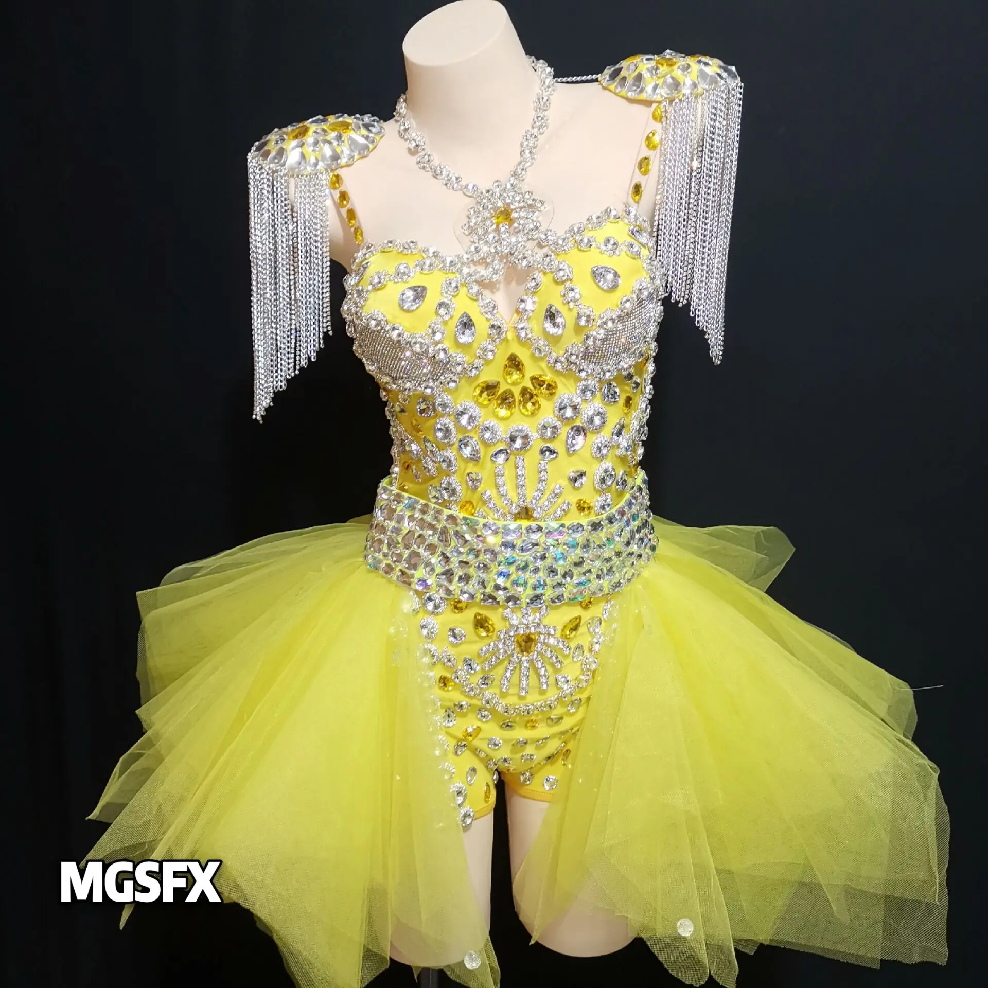 Hand-Stitched crystal Diamond yellow Latin dancer dress Ladies ds ballet costume ballroom singer disco dj dance dresses