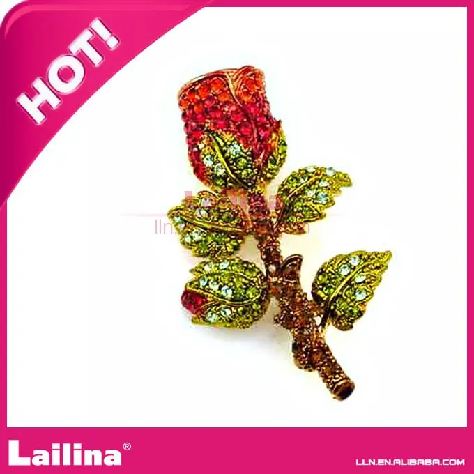 Beautiful Mix Color Red Rose And Green Leaf Rhinestone Brooch Elegant Flower Brooch