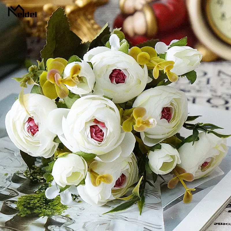 Meldel Bridal Rose Wedding Bouquet Bridesmaid Camellia Artificial Silk Bouquet Flower Arrangement Home Party Prom Decorations