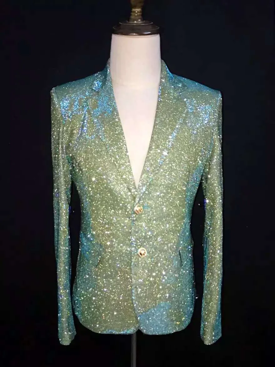 Quality Men Blue Green Sequins Suits Party club Slim blazers Nightclub Male Singer Dancer Stage Performance wear