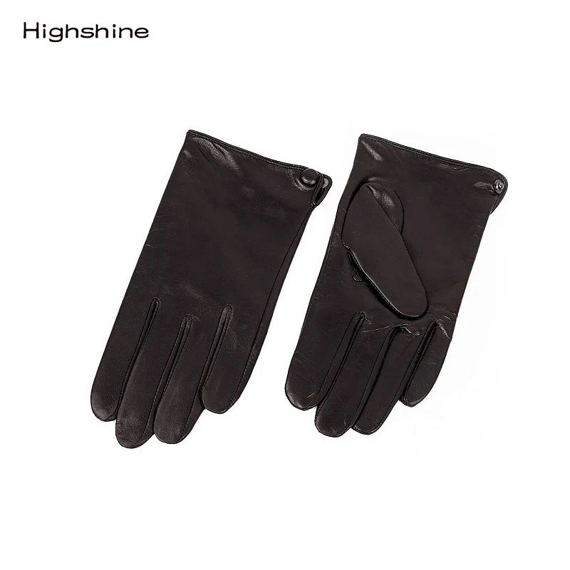 Guantes de piel de oveja auténtica para hombre, guantes negros con botón para pantalla táctil, marca de moda, de cuero cálido para invierno