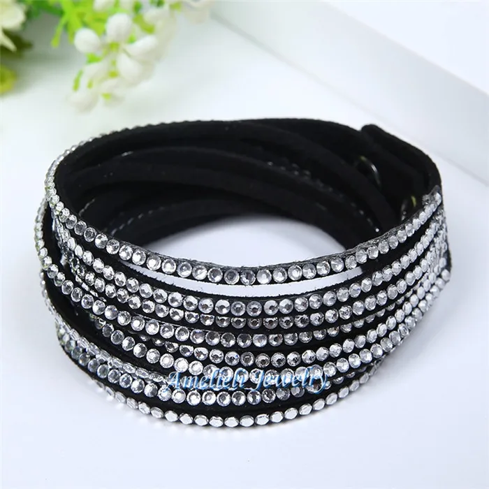 Shiny Handmade Leather Bracelets Couro With Full Crystal Wide Men Women Bracelet Bangles New arrvial Gift Jewelry 1.8cm *40cm