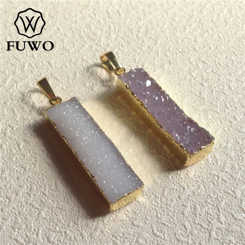 FUWO Natural Druzy Agates Bar Pendant Golden Plated Edges Rectangle Sparkly Crystal Geode Jewelry Wholesale PD052