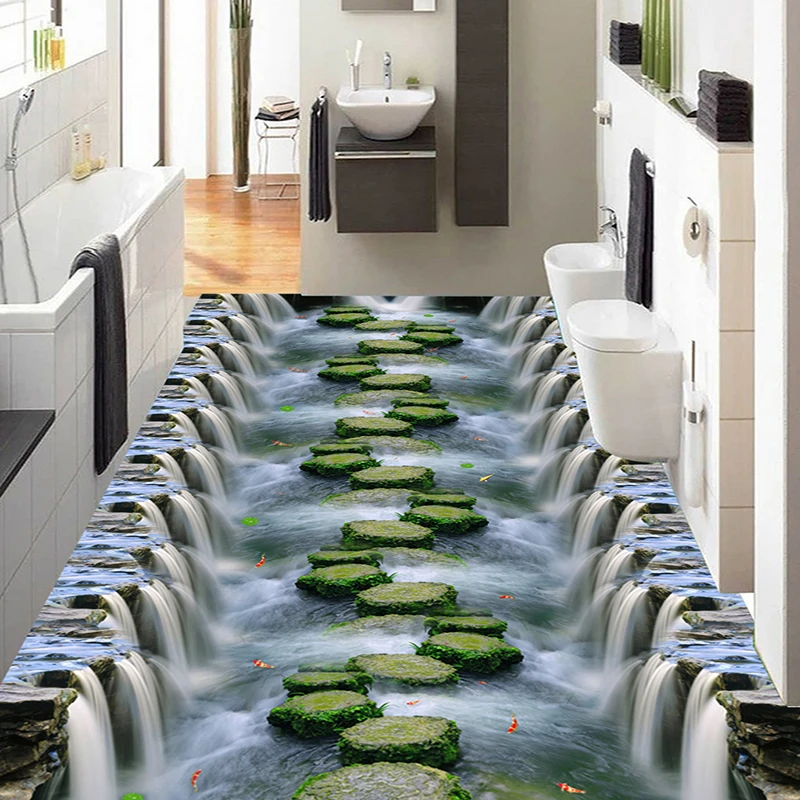 

Custom Any Size 3D Floor Mural Wallpaper Waterfall Creek Bridge Bathroom Kitchen Living Room Walkway 3D Floor Sticker Waterproof