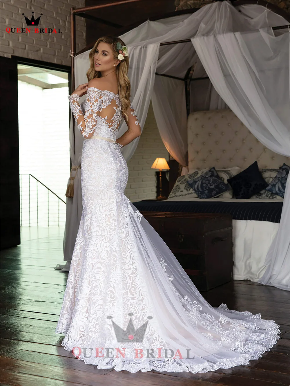 Robe de mariée sirène à manches longues sur mesure, dentelle tulle, perles, luxe, sexy, formelle, patients, 2023, WH48