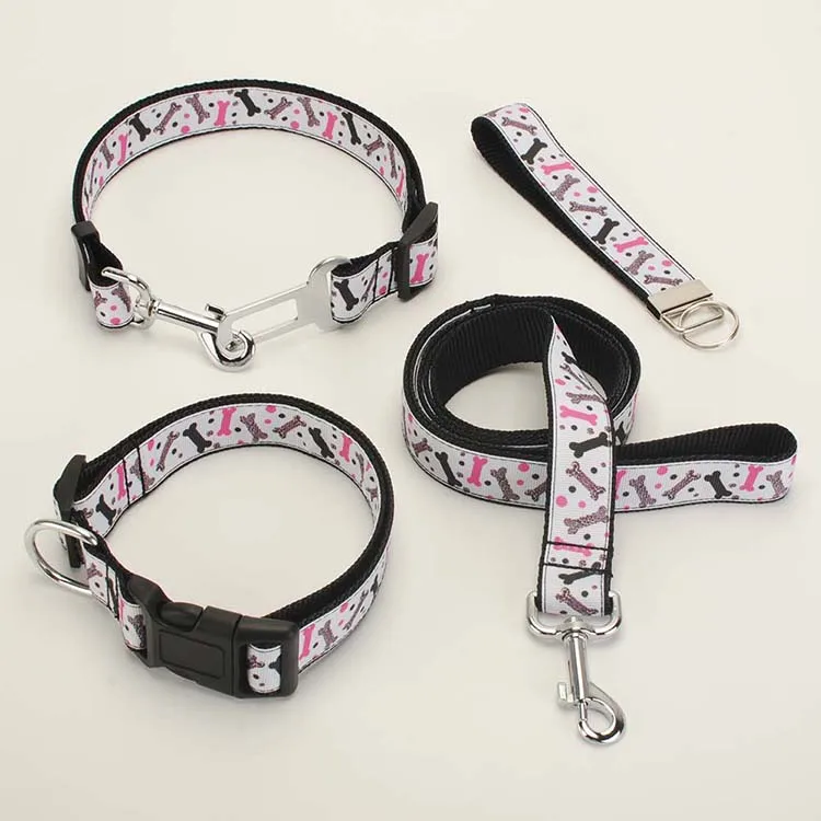 New single sell Dog Leash, Dog Collar, Safety Belt,Key  Fob ,1 inch nylon belt bone pattern printed ribbon