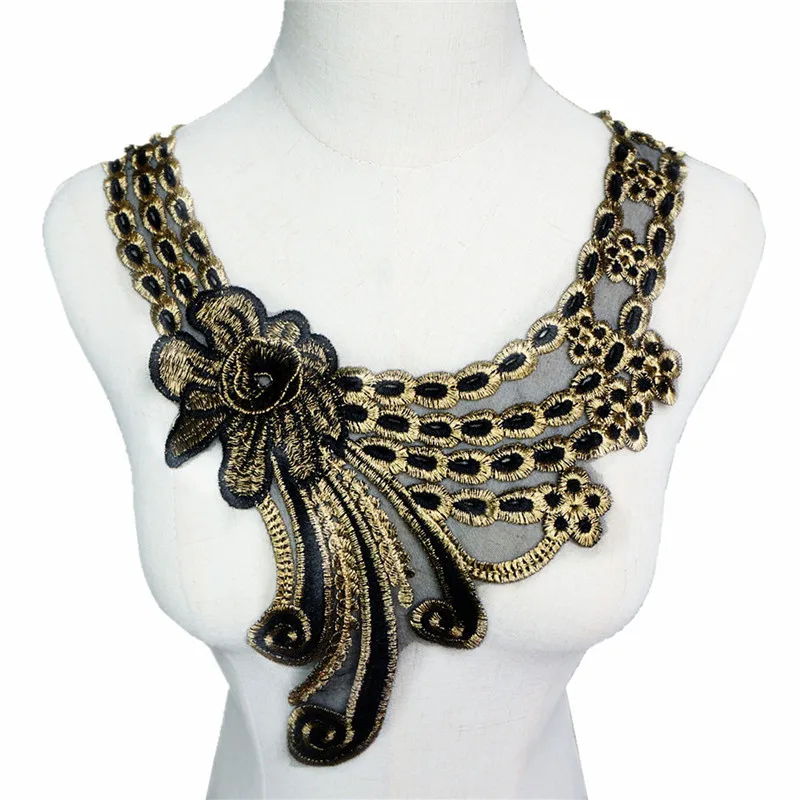 37CM Embroidered Flowers Collar Black Gold Varied Lace Trims Appliques Mesh Sew On Patch For Wedding Evening Dress DIY
