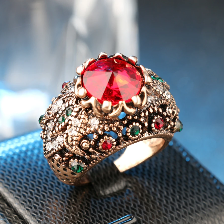 Kinel Red  Satellite Stone Rings For Women Color Ancient Gold Vintage Jewelry Crystal Ring Love Gift