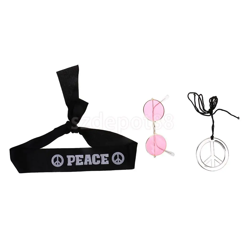 3pcs/set Cool Hippy 60s 70s Headband Sunglasses Peace Necklace Fancy Dress Party Props Costume Accessories