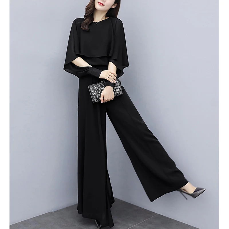 Spring Summer Elegant Two Piece Set Women Chiffon Batwing Sleeve Shirt+High Waist Wide Leg Pants Sets Lady Trouser Suits W1009