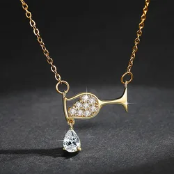 Gold Color Chain Cute Wine Glass Pendant Necklace for Women AAA Zircon Crystal Wine Cup Charm Necklace Choker Dropshipping