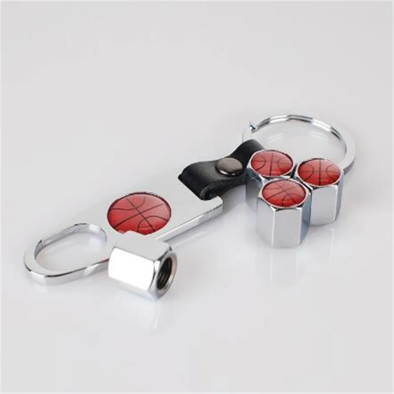 Car styling Basketball Logo Design Tire Valve  Cap With Key Ring Wrench Spanner Emblem For Basket Ball 40pcs = 10 sets