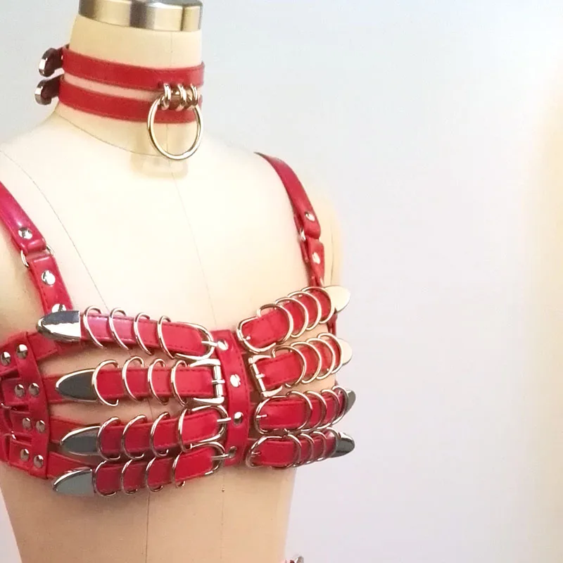 100% Handcrafted Heavy Duty Bra Top Women Harness PU Leather Cosplay Caged Chest Top Belt Choker Harness Waist Cincher Straps