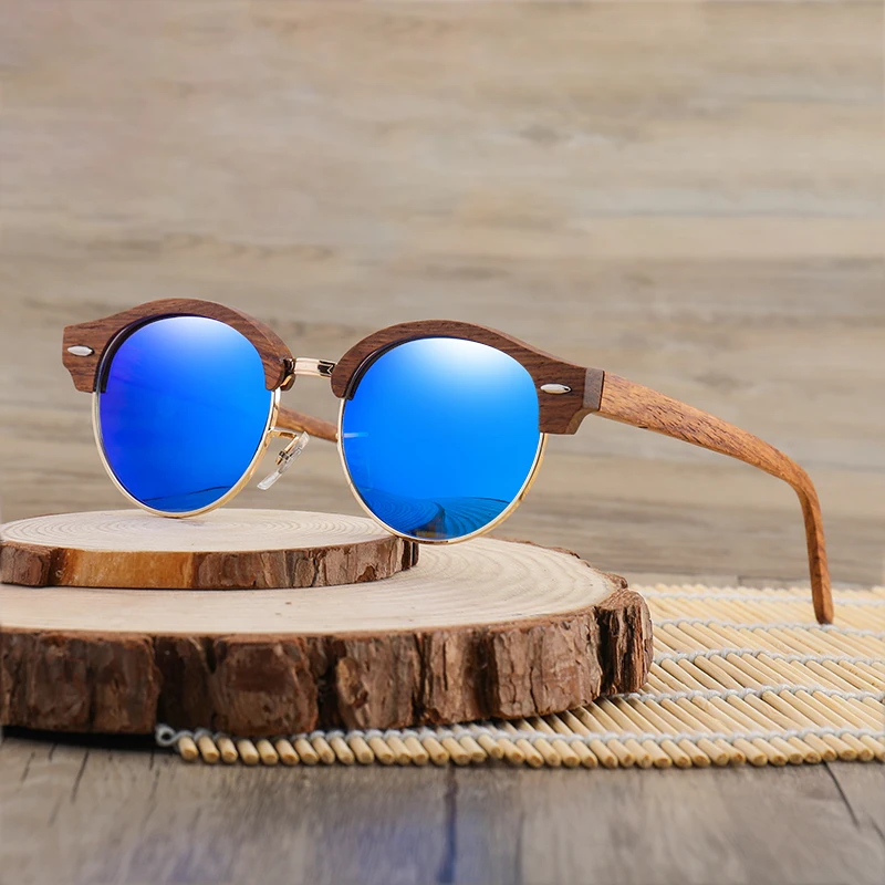 Retro Round Wood Sunglasses for Men Women Brand Design Polarized UV400 Semi-Rimless Womens Sun glasses