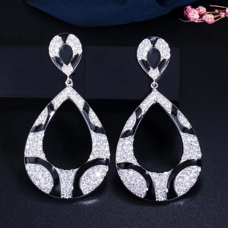 CWWZircons Sparkling Cubic Zirconia Paved Black Snake Print Statement Big Drop Earrings for Women Party Dress Accessories CZ456