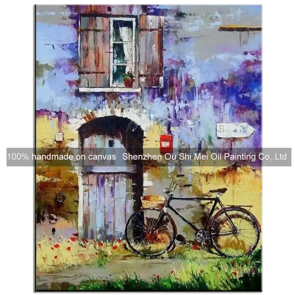 

Handmade Paintings on Canvas Decorative Oil Painting Window Scenery Picture For Wall Decor Bicycle on Street Knife Landscape