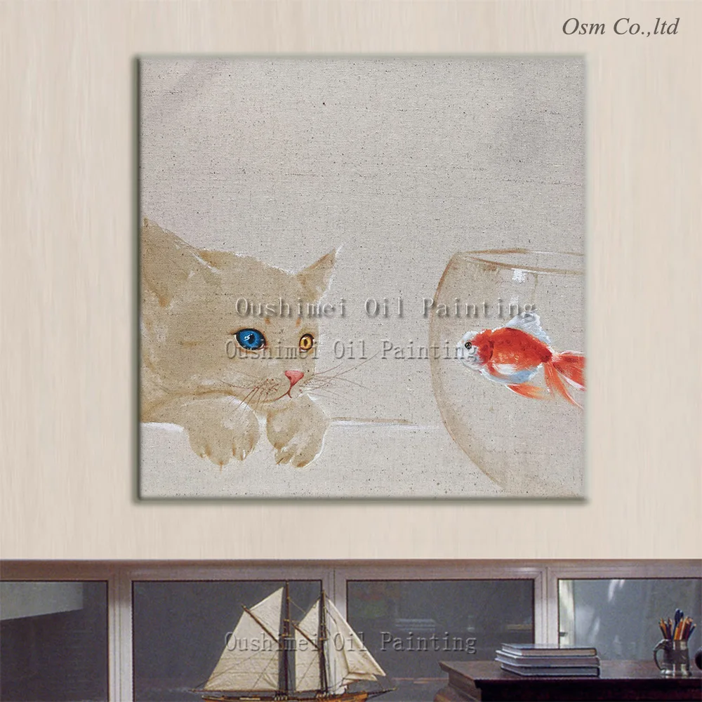 Original Hand Painted Museum Quality Playing Cat with Fish Oil Painting on Canvas Painting Picture Wall Animals Oil Paintings