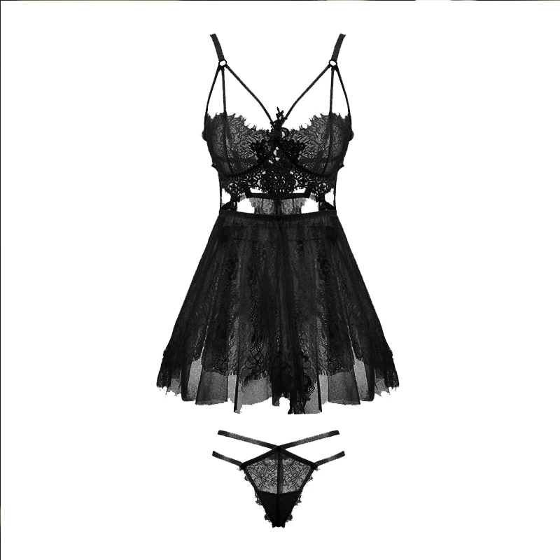 Summer Sexy Nightgowns Eyelashes Lace Perspective Temptation Straps Nightdress Embroidery Hollow Sexy Lingerie for Women