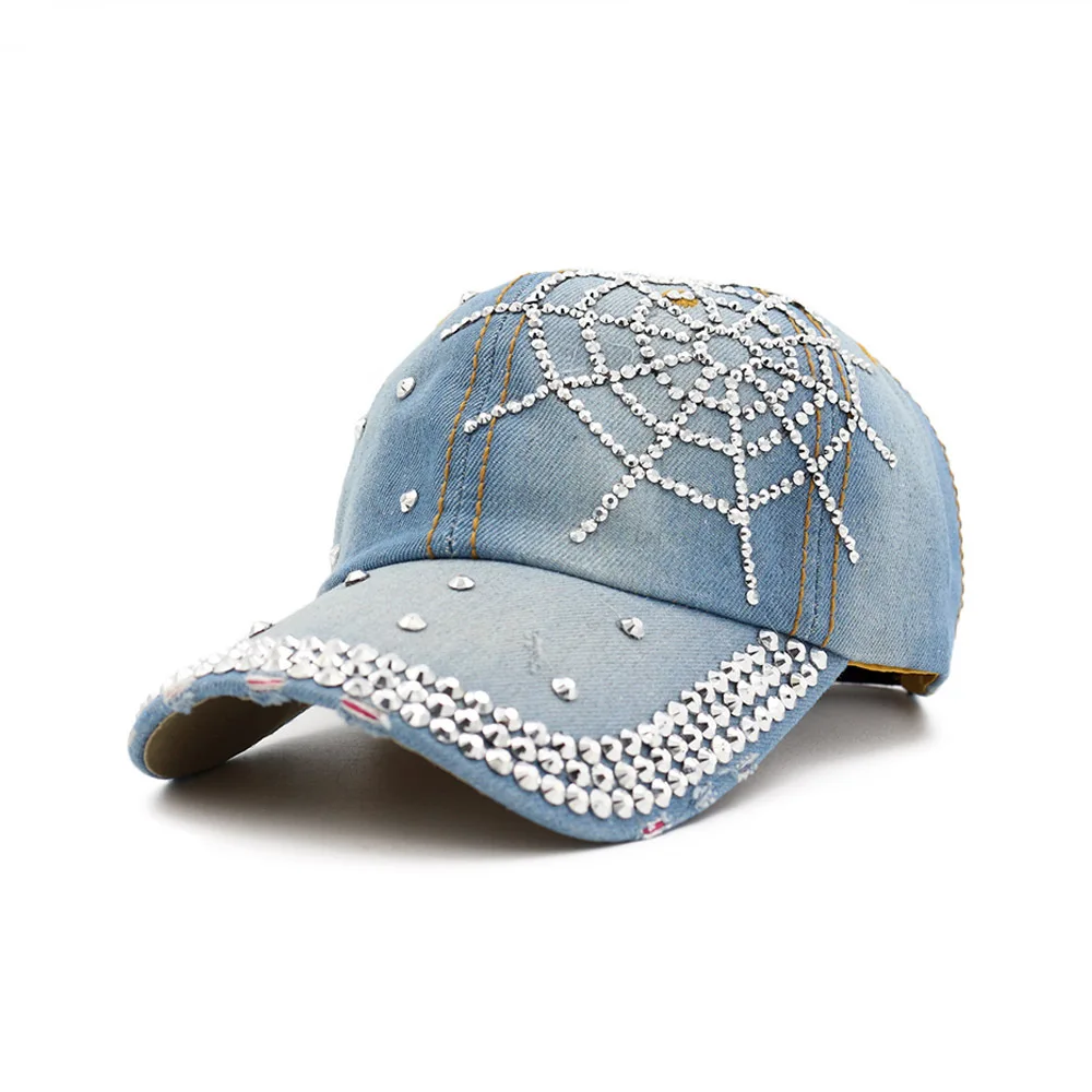 Hot Wholesale 2018 Spring Summer Autumn Popular Women Girl Woman Denim Snapback Cap Rhinestone Cross Fitted Baseball Caps Hats