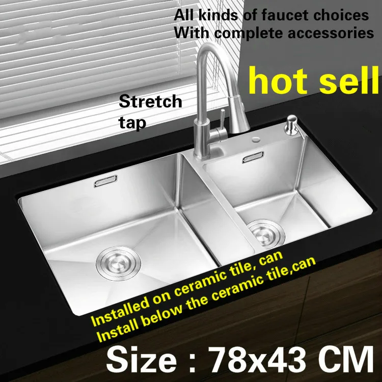 

Free shipping Food grade 304 stainless steel kitchen sink thick dishwashing ordinary large double groove 78x43 CM