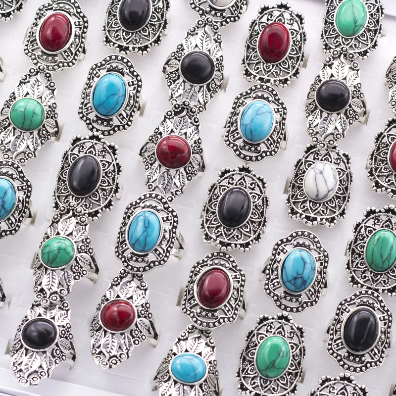 20pcs Wholesale Vintage Hollow Mix Stone Ancient Silver Color Ring Lots Fashion Jewelry Women Rings Dropshopping