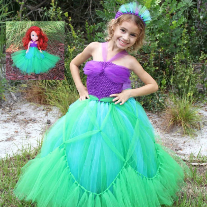 

Princess Ariel Inspired Matching Girl Tutu Dresses Purple and Green Mermaid Cosplay Baby Girl Clothes for Halloween Party