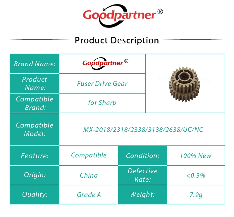 10X NGERH2122FCZZ Fuser Drive Gear 21T/27T for Sharp MX 2018 2318 2318UC 2338 2338NC 3138 3138NC 2638 2638NC MX2018 MX2638