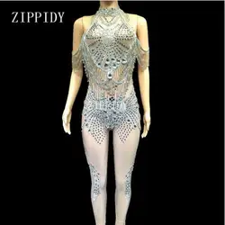 Body Sexy en cristal extensible pour femmes, grande combinaison de chanteur et de danseuse avec pierres de verre, tenue de soirée et de discothèque