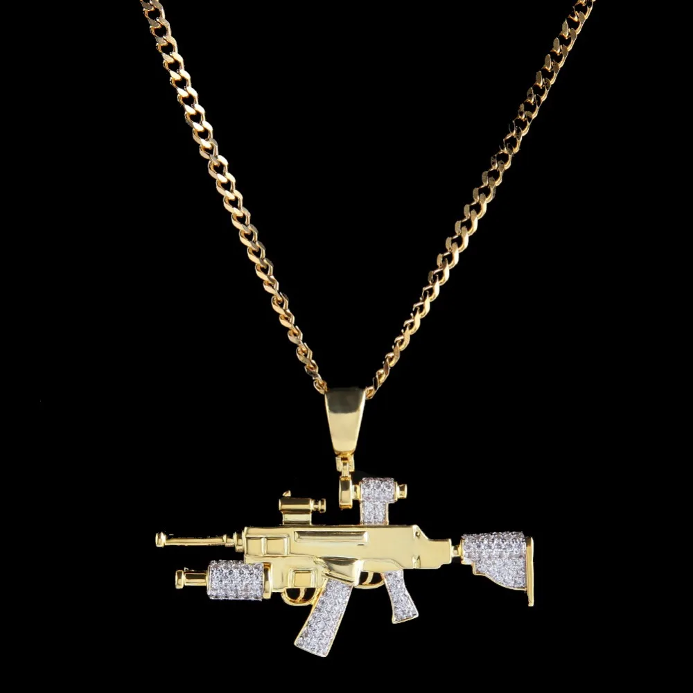Hip Hop AAA CZ Stones Paved Bling Ice Out Sniper Rifle CS GO Gun Pendants Necklace for Men Rapper Jewelry Gold Color Gift