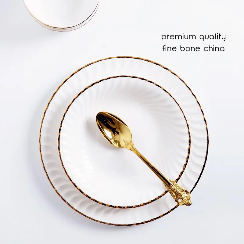 Bone China Plate and Bowl Set, Golden Edge Dinnerware, Food Pot, Spirle Snack Dish, High-Class Household Dinner Tool, Dinner Set