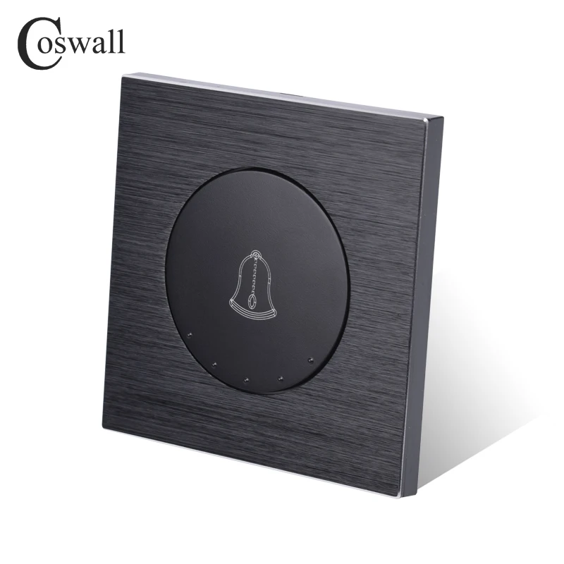 Coswall 1 Gang Doorbell Switch Push Button Wall Switch Knight Black / Silver Grey Aluminum Brushed Metal Panel R12 Series