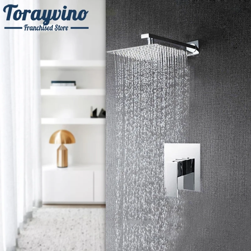 

Torayvino Bathroom Shower Faucet Set Wall Mounted Rainfall Single Handle Modern Chrome Brass Square Head Shower Set