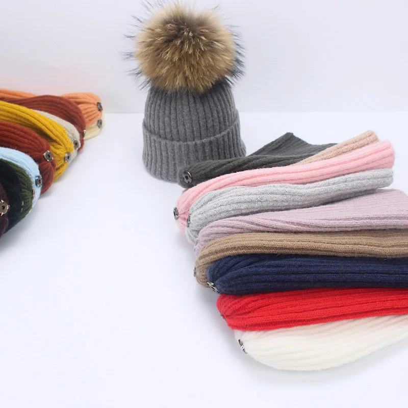 Real Raccoon Fur Pom Poms Pall Keep Warm Winter Hat For Women Girl \'s Wool Hat Knitted Beanies Cap Thick Female Cap Skullies