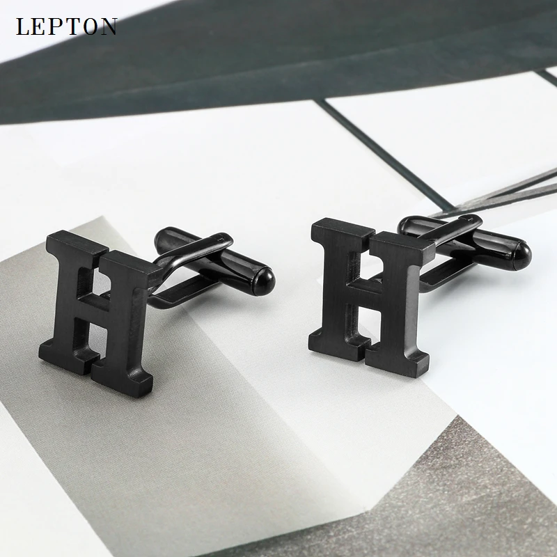 Lepton Stainless steel Cufflinks for Mens IP Black Plating Metal Letters H Cuff links Men French Shirt Cufflink Relojes Gemelos