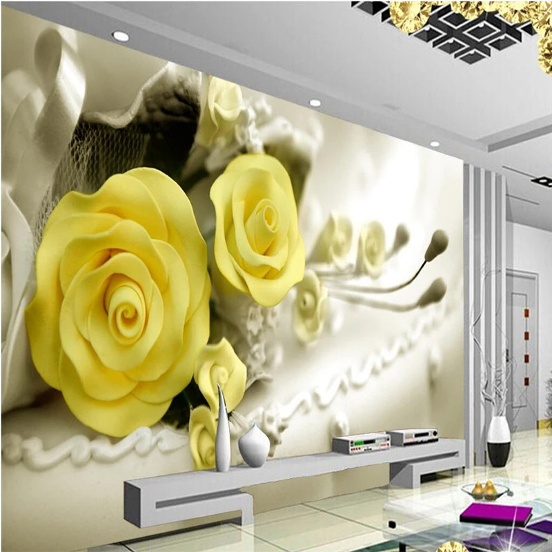 wellyu  Custom large - scale murals 3d yellow rose auspicious flowers fashion cloth TV backdrop  wallpaper papel de parede