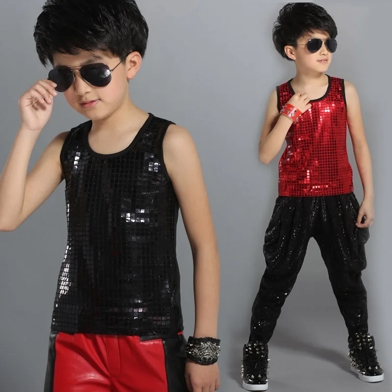 Jazz Kostüm Jungen Pailletten Weste Top Kinder Straße Kleidung Hip Hop Tanzen Outfits Moderne Bühne Zeigen Party Dance Tragen DN2958