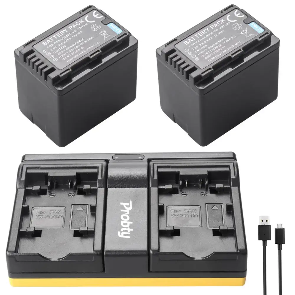 2 Pcs VW-VBT380 VBT380  VW-VBT190 + Charger Battery for Panasonic HC-V250 HC-V380 HC-V510 HC-V520 V710 V720 VX870 VX981K WXF991K