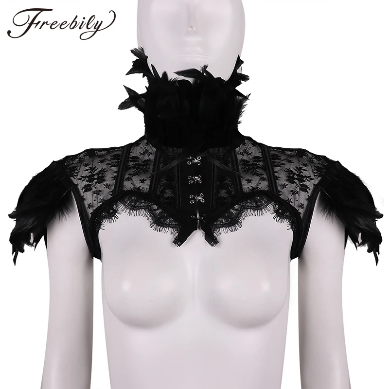 Steampunk Sexy Feather Collar and Shoulder Lace Cape Bolero Jacket Shrug Women Tops Scarves Shawl Halloween Goth Rave Costumes