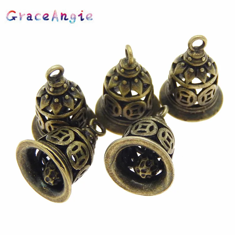 GraceAngie 12PCS Antique Style Bronze Tone Heart Ancient Bell Charm Alloy Plated Suspension Pendants (03753) image 2