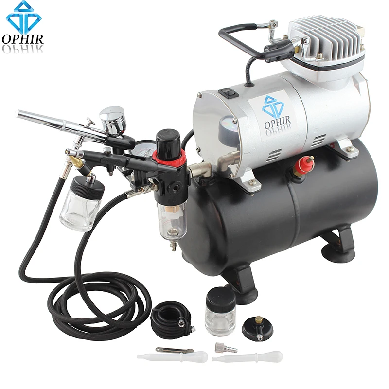 OPHIR Dual-Action Airbrush Kit with Air Tank Compressor for Hobby Cake Painting Tanning Airbrush Compressor Set _AC090+004A+071